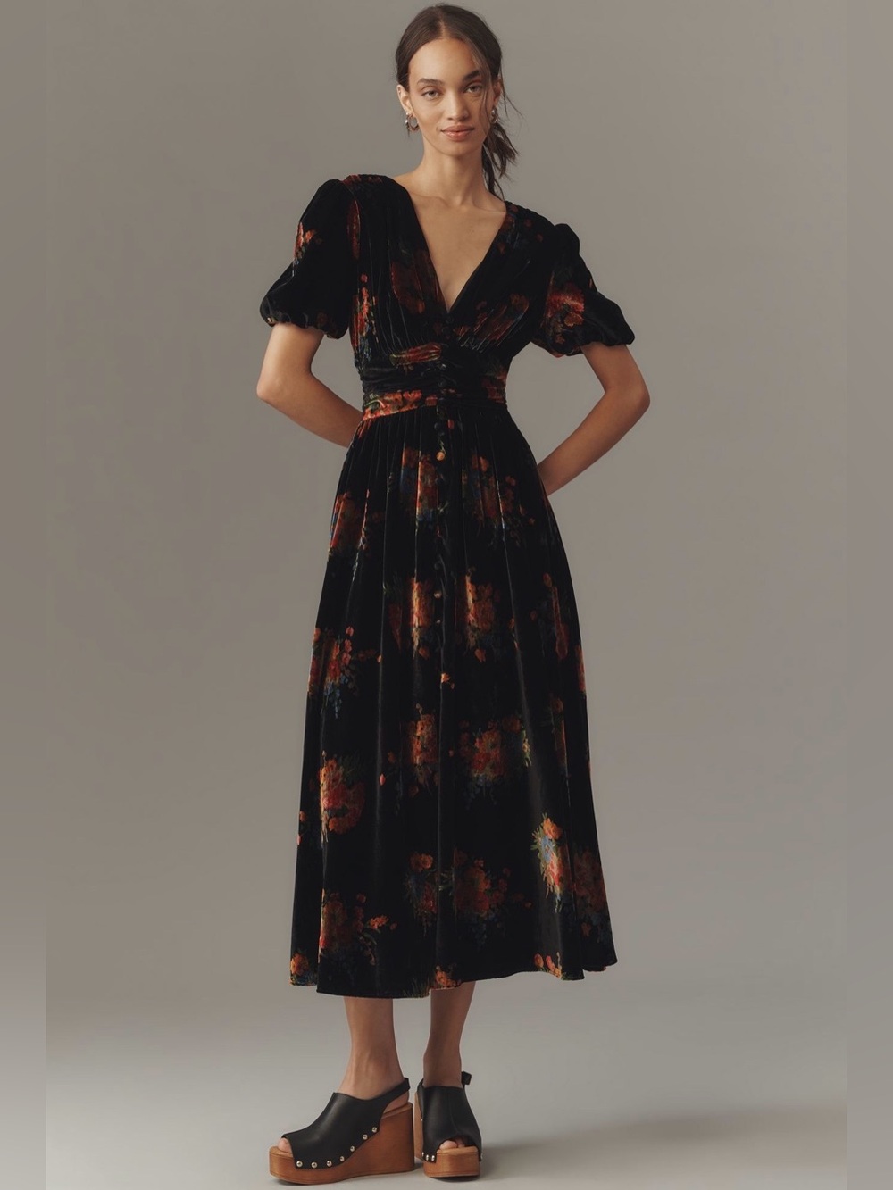 By Anthropologie  Katerina Velvet Floral Button Front  Midi Dress